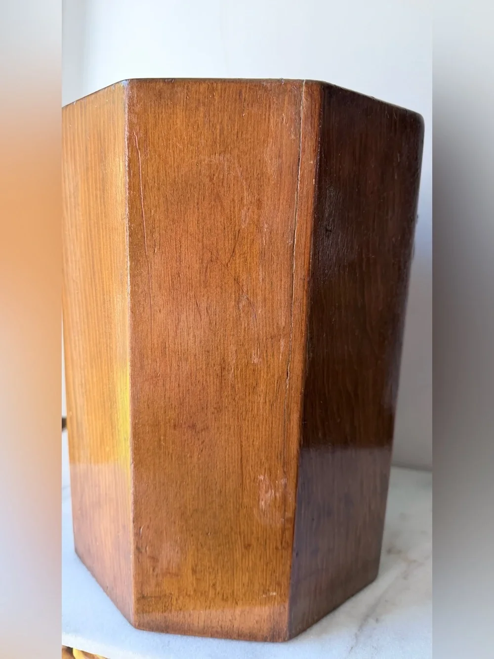 VTG /MC Wood Octagon Shape Trash Can Waste Bin With Lions Heads Unique Storage